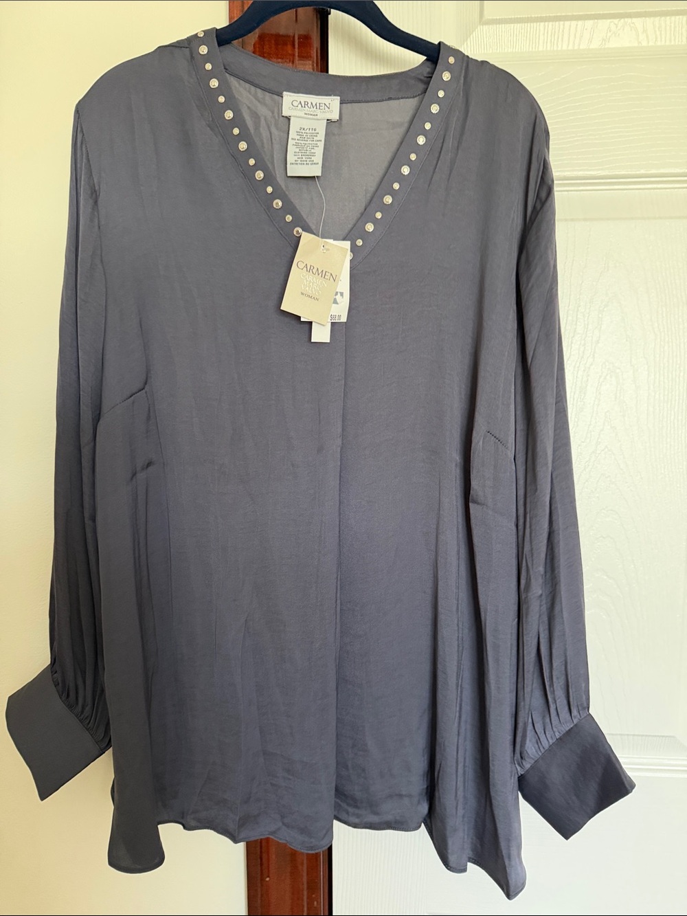 Carmen Marc Valvo Slate Gray V-Neck Studded Tunic